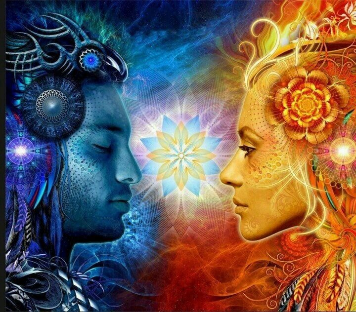 artistic image of a man and a woman with a mandala showcasing the devine feminine aspect of the relationship